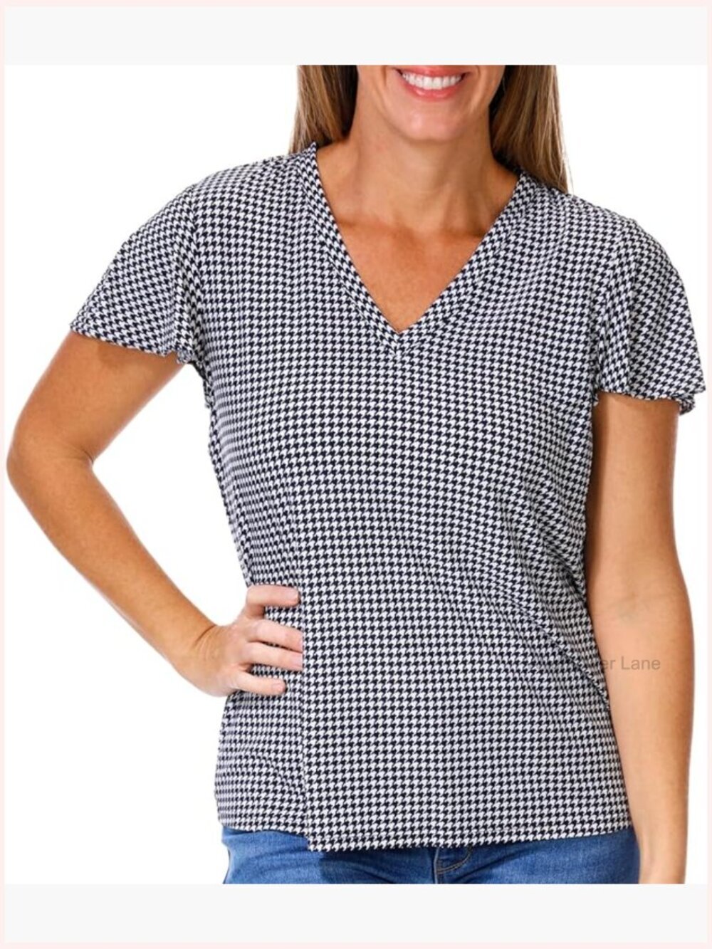 Short Sleeve Knit Houndstooth Top - Crew Neck Pullover